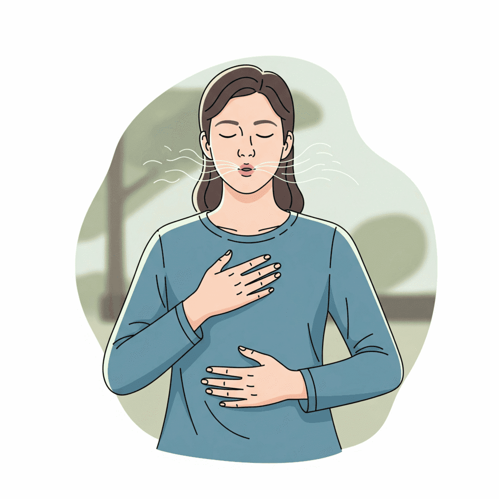 Visualização de respiração para alívio e calma. Ilustração de uma pessoa praticando respiração profunda, com as mãos no peito e abdômen, transmitindo calma e foco.