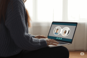 Mulher sorridente participa de sessão de terapia online em ambiente acolhedor.