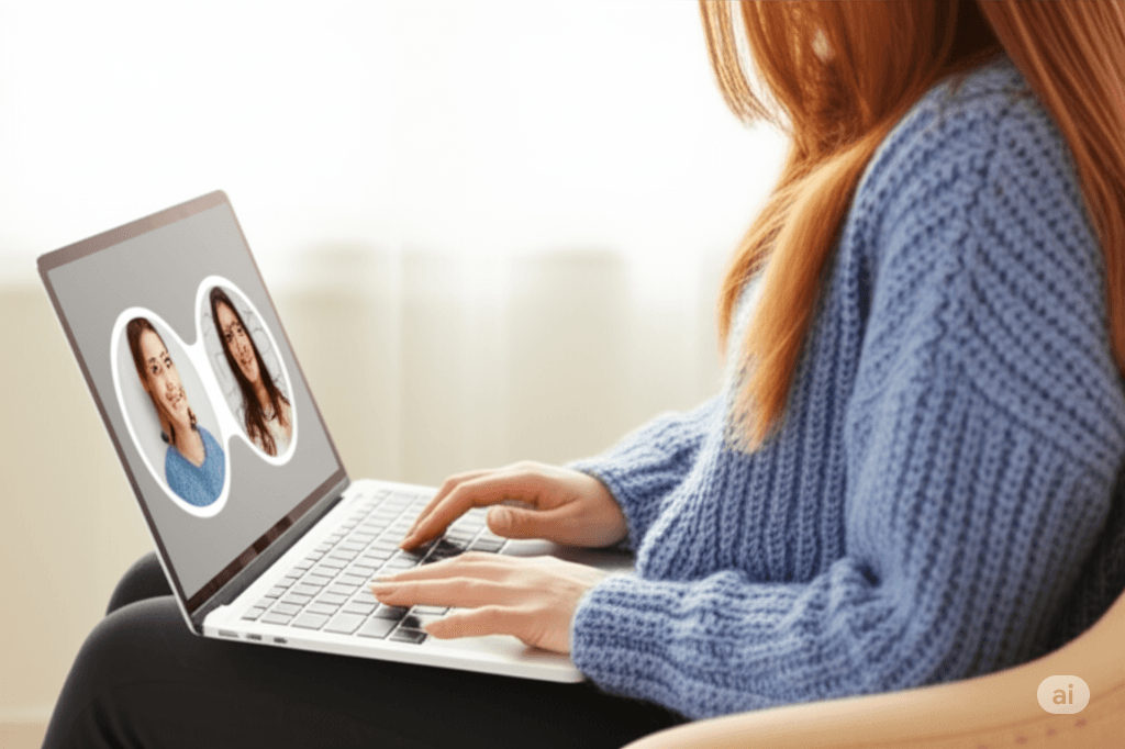 Conexão terapêutica online representada por silhuetas e linha de luz.