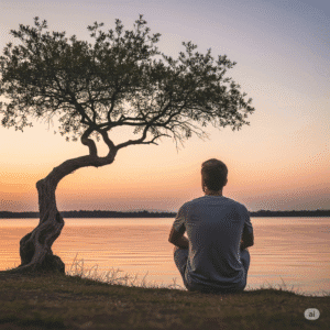 Uma foto de uma pessoa sentada de costas em um ambiente sereno, olhando para a beira de um lago ao pôr do sol, transmitindo paz e tranquilidade.