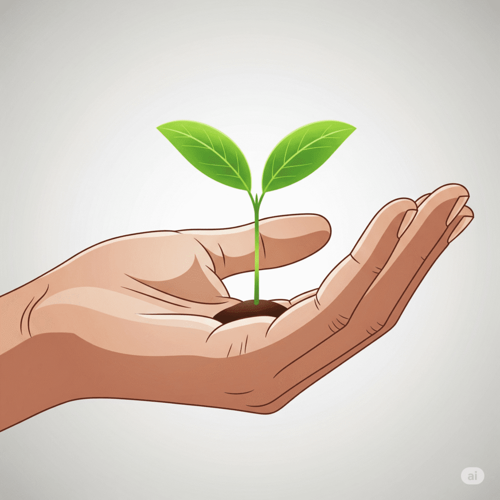 Ilustração simbólica de uma mão segurando uma planta jovem, indicando cuidado, esperança e transformação. Close-up de uma mão segurando uma pequena muda verde que representa o cuidado e o início de um novo crescimento emocional.