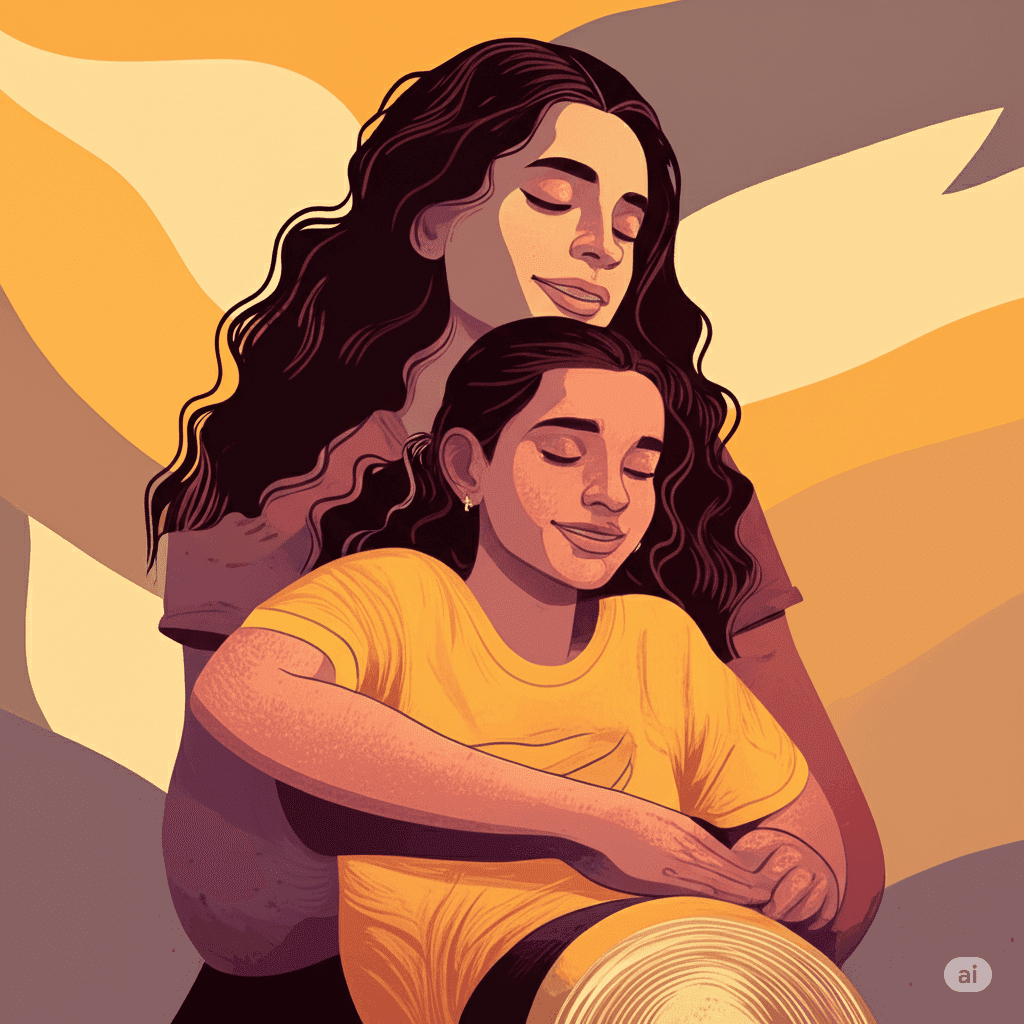 Duas pessoas em tons de amarelo e laranja, uma confortando a outra com as mãos sobre as suas, transmitindo apoio e calor.
