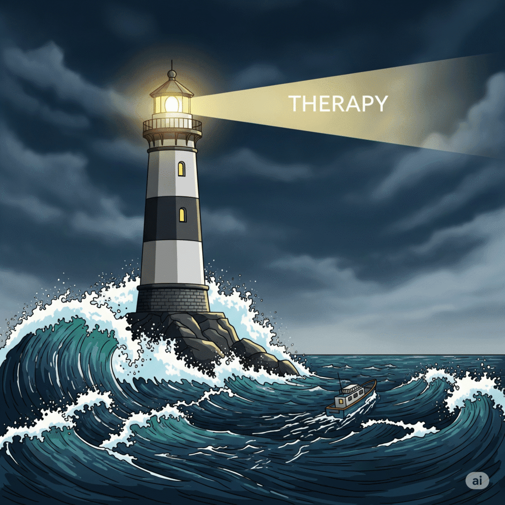 Ilustração de um farol em um mar agitado, com um raio de luz brilhante. Representa a terapia como um guia seguro em momentos de dificuldade.