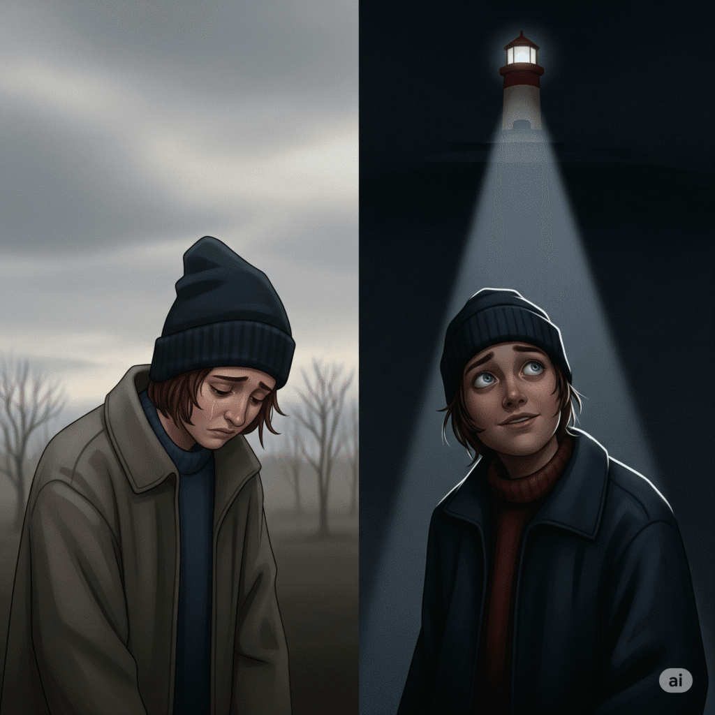 Ilustração que mostra a transição de um estado de tristeza para a busca por ajuda, representada por um feixe de luz.