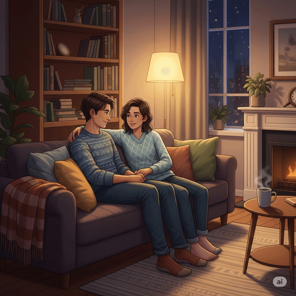 Um casal, amigos ou pais e filhos sentados em um sofá em uma sala de estar acolhedora, com expressões de paz e entendimento, representando a superação de um conflito.