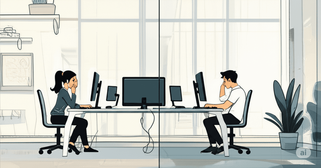 Ilustração dividida mostrando uma pessoa estressada no trabalho e a mesma pessoa relaxada em casa.